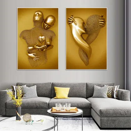 Romantic Abstract Wall Art: Golden Lovers Statue Canvas for Modern Living Rooms