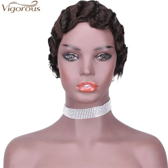 Vigorous 100% Raw Real Human Hair Finger Wave Wig Pixie Cut Black Short Curly Wigs for African American Women