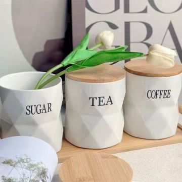 Ceramic Tea Canister with Wooden Cover - Custom White Porcelain Storage Jar