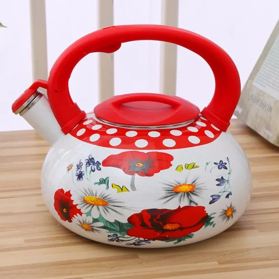 Wholesale Red Flower Decal Enamel Tea Kettle with Plastic Handle and Cover 3.2L