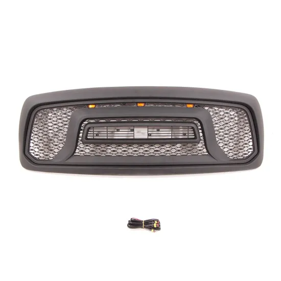 Custom 3-Piece LED Lights and Honeycomb Black Front Grille for Ram 1500 Pickup Trucks (2002-2005)