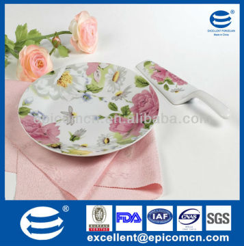 rose decal on 10.5" round flat ceramic cake plate and spatula