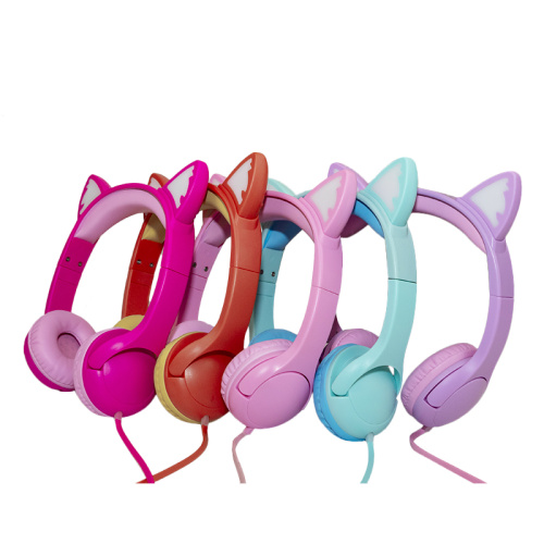Headphone Telinga Kucing Berkabel Lampu Menyala untuk Anak-Anak