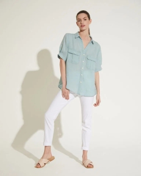 Ladies Cotton Linen Blue Casual Short Sleeve Shirt