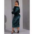 Frauen Velvet Long Sleeve Midi Kleid