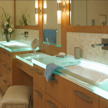 cheap prefab 1-1/2" thick white glass countertop for bathroom