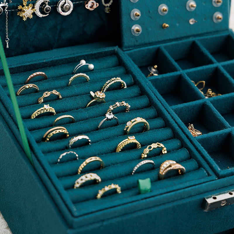 3-Layers Green Velvet Lock Jewelry Organizer Box