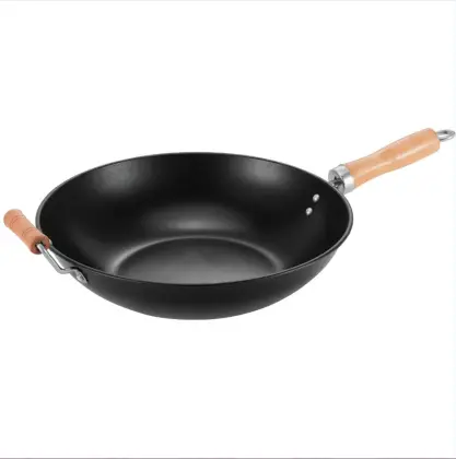 100% Carbon Steel Round Bottom Wok with Wood Handle and Lid