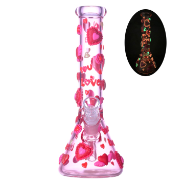 Cartoon Love Pattern Cigarette Set,Glow In The Dark,Borosilicate Pink Glass Water Pipe,Glass Beaker Bong,Valentine's Day Gift