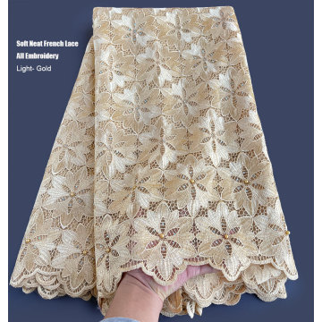 Soft Neat Embroidery Light Gold French Lace Guipure Solid African Couple Lace Tulle Fabric High Quality 5 yards For Wen Women