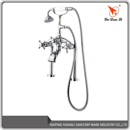 Golden Plated Brass Triangle Handle Deck Mount Tub Faucet with Telephone Hand Shower