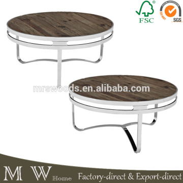industrial contemporary living room recycled wood top stainless steel base coffee table, industrial coffee table