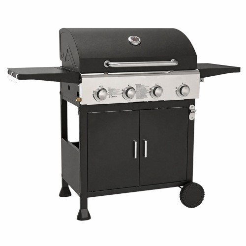 Estación clásica de parrilla para barbacoa de gas propano líquido con 4 quemadores, capota negra, panel de control de acero inoxidable y 2 ruedas