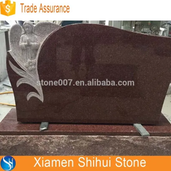 Red Granite Headstone with Angel and Flower Carving