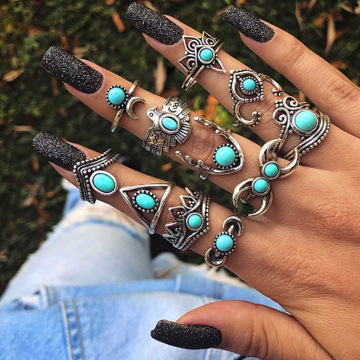 11 pieces Turquoise Ring Set women's finger joint retro women's girl Bohemian silver joint youth Halloween party daily gift