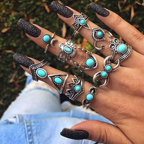 11 pieces Turquoise Ring Set women's finger joint retro women's girl Bohemian silver joint youth Halloween party daily gift