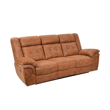 Modern 3 Seater Sofa with 2 Recliners, Manual Side Handle, Retracting Footrest, and Soft Fabric, Brown