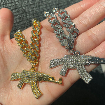 Custom Glittering Punk Cuban Chain Necklace with Rhinestone Hip Hop Gun Shape Pendant