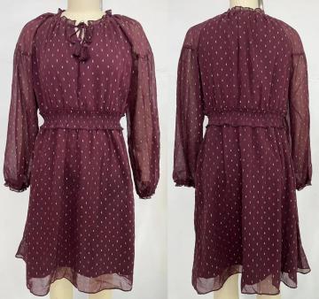 Tassel Tied Collar Embroidered Pattern Chiffon Dress