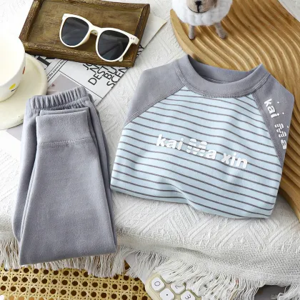 Boys' Autumn-Winter Striped Pajama Set - Family-Friendly Long Pants