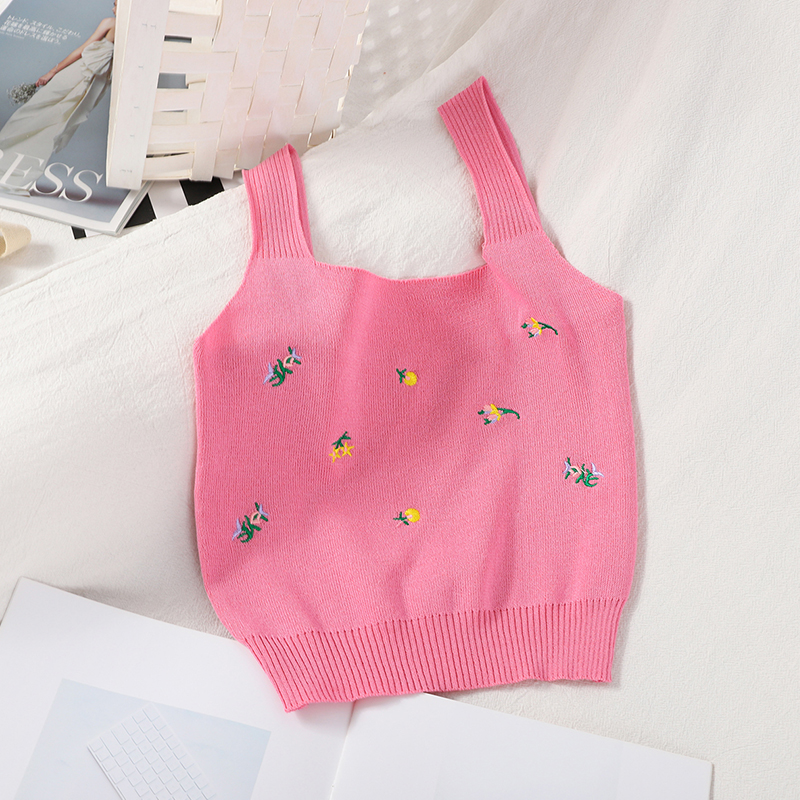 Pearl Diary Knitted Tank Tops Summer Floral Embroidery Crop Top Sleeveless Short Tank Top Femme Knitting Sweet Short Crop Top