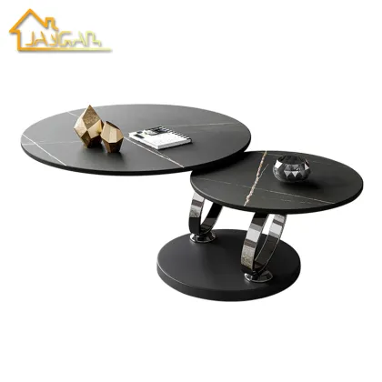 Black Rotating Coffee Table with Marble Ceramic Top and Metal Base - Two Tables Together