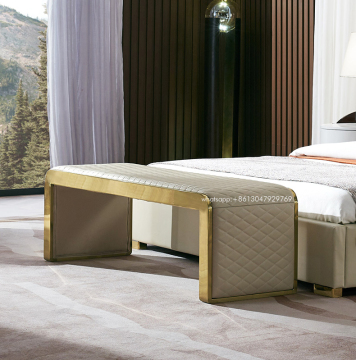 Modern Luxury Stainless Steel Frame Upholstered Leather King Size Bed Bench