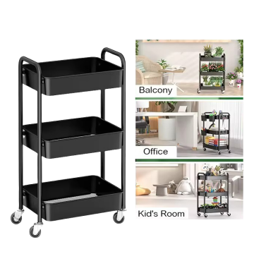 โรงงาน Direct Direct 3 ระดับ Utility Cart พร้อมที่เก็บตาข่ายตะขอถ้วยและล้อเรียบ - การประกอบง่าย