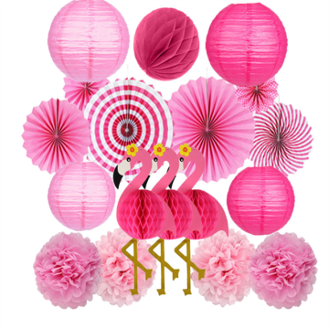 Tropical Hawaiian Pink Flamingo Lantern Set: Pineapple Theme Honeycomb Paper Lanterns & Fans