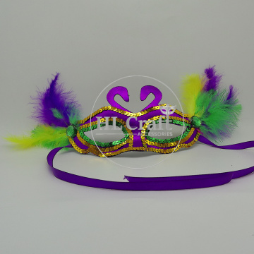 Carnival Feathered Masquerade Mask - Green Gold Purple Feathers for Mardi Gras