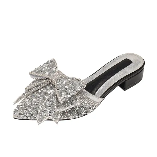 2024 Summer Collection: Large Size 43, Low Heel Muller Shoes with Bowknot Sequin Detail for Women and Ladies