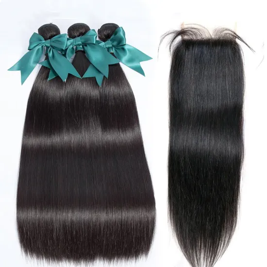 Peruvian virgin human hair bundles with lace closure,100% Unprocessed Brazilian Virgin cuticle aligned hair Bundles With Closure