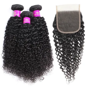 Peruvian Hair Jerry Curly Bundles With Closure 100% Virgin Human Hair Extensions Lace Closure