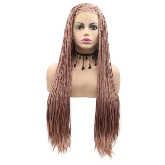 Long straight brown cheap wholesale high quality heat resistant synthetic braided wig with lace front