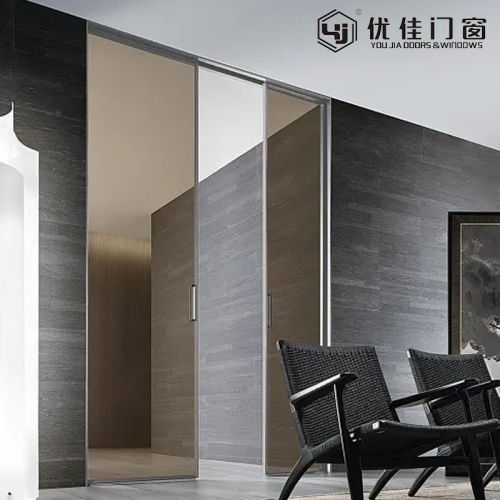 Puerta corrediza de vidrio de dos paneles con marco plateado minimalista