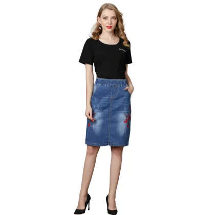 Rose Embroidery Slit Women Denim Jeans Skirt