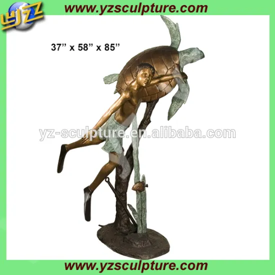 brass water fountain of boy and turtle statue for garden