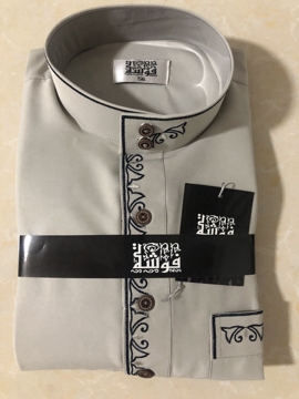 Grey Chinese Collar Mens Qatari Thobe With Embroidery
