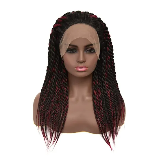 Burgundy Box Braided Lace Front Wig Braids Long Straight Synthetic Wigs For Afro Black Women Daily Wear Black Mixed Wine Red