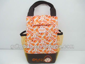 2014 Orange Cartoon Printing 600D+5MM PE Foam + 210D polyester Linning +Webbing Handle +Merco Closure with Double Net Pocket 21.