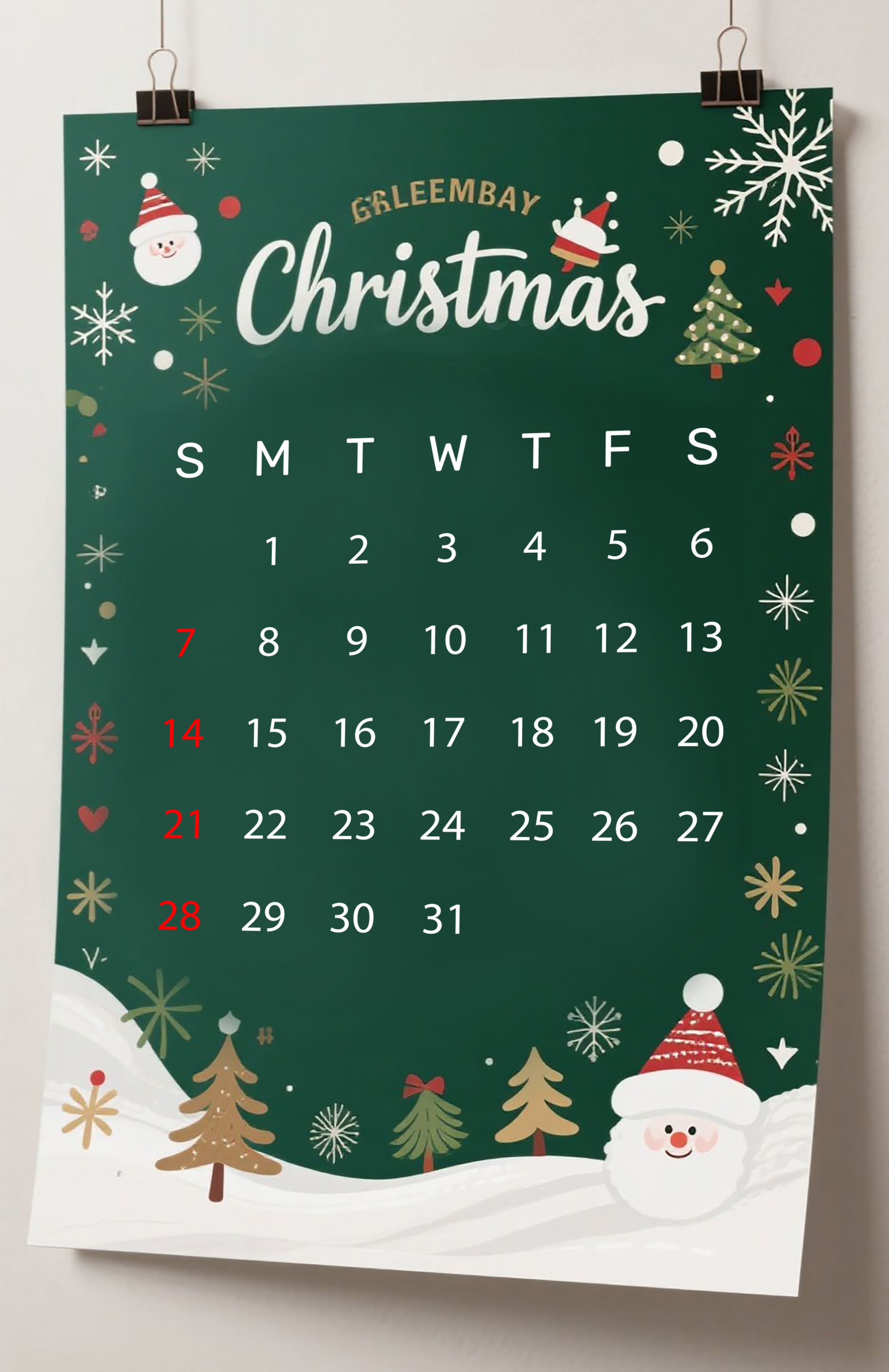 Christmas-Themed Calendar with Week Numbers