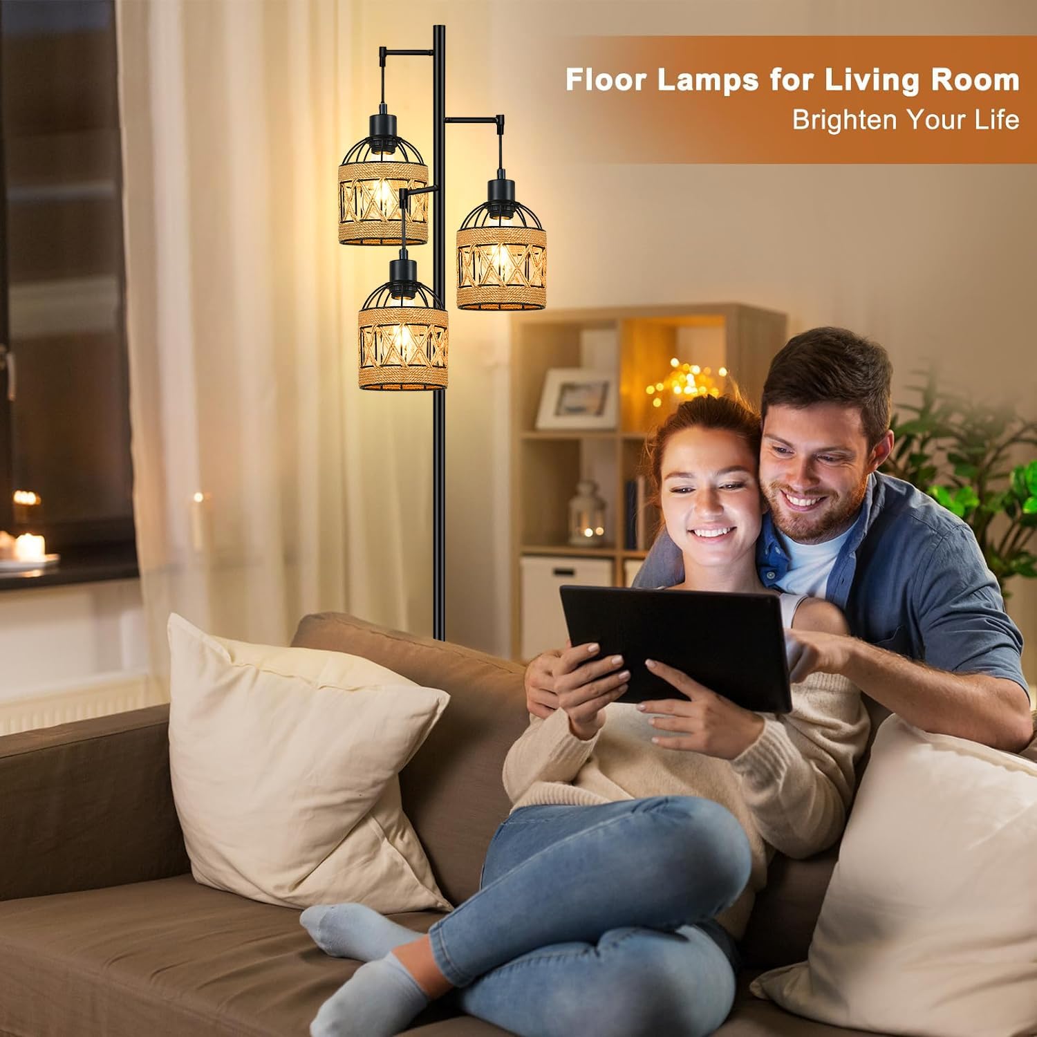 F250912 Floor lamp wire cage shade with hemp rope (4)