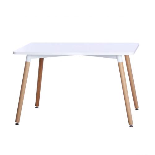Mesa de jantar retangular branca moderna com base de madeira