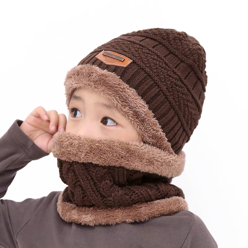 2019 New Winter Children Knitted Hat Ring Scarf Sets Kids Warm Baby Plus Velvet Thick Soft Cap Boys Girls Fleece Lining Beanies