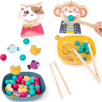 Chopstick Training Toys: Wooden Kitten and Monkey Feeding Set for Children's Hand-Eye Coordination