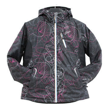 Ski jackets, made of 75 x 75D printed pongee with PU transparent coating fabric