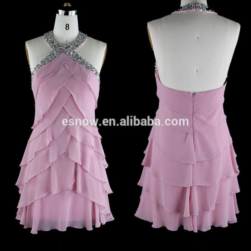 2016 High Quality Halter Sleeveless Beaded Layered Prom Dress for Girls