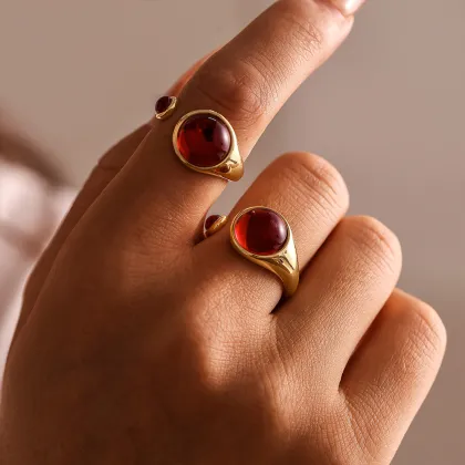 Stainless Steel Natural Crystal Elegant Red Garnet Ring