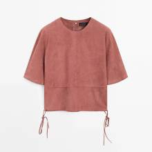 Women's clothing strap design suede five quarter sleeved top