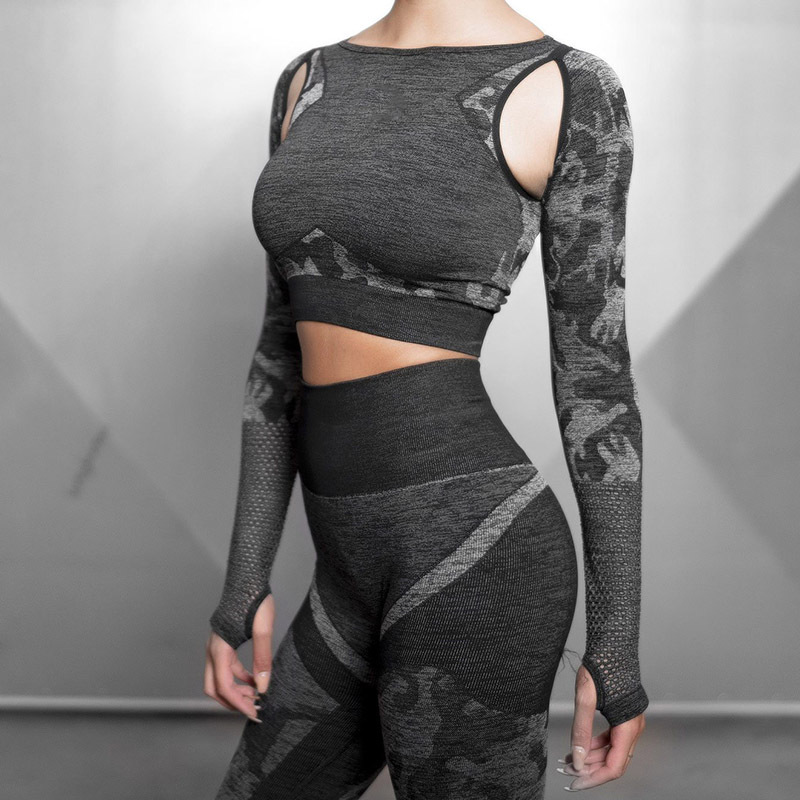 2PCS Camouflage Camo Yoga Set Sports Wear For Women Gym Fitness Clothing Yoga Leggings+Sport Long Sleeve Crop Top GYM Sport Suit